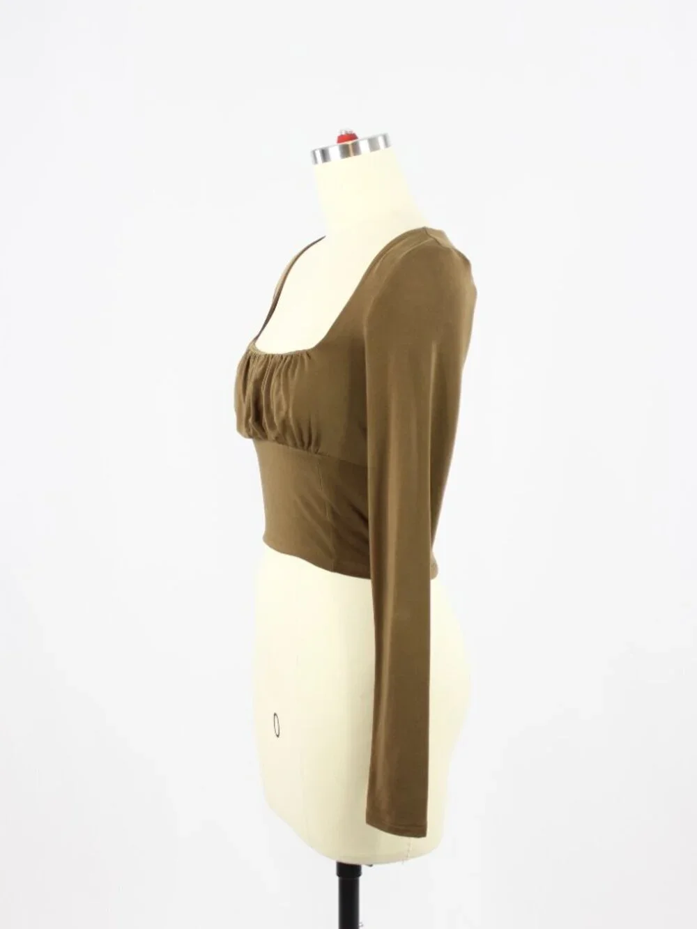 Aritzia WILFRED FREE Orbit Brown Jersey Ruched Long Sleeve Cropped Top, Size S - Picture 4 of 13